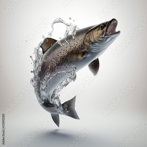 Realistic abstract render of a trout jumping out of the river with water splashing around. (AI Generated)