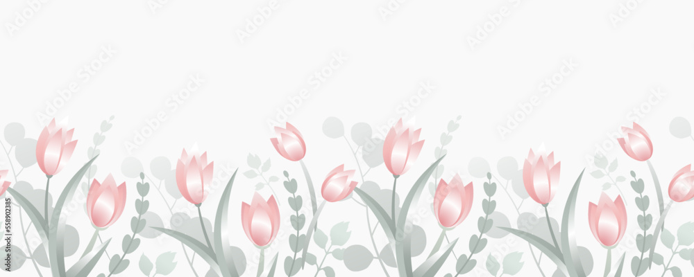 Floral border. Spring seamless pattern. Cute horizontal banner with blooming pink tulips. Vector illustration isolated on white background