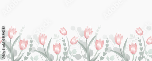 Floral border. Spring seamless pattern. Cute horizontal banner with blooming pink tulips. Vector illustration isolated on white background