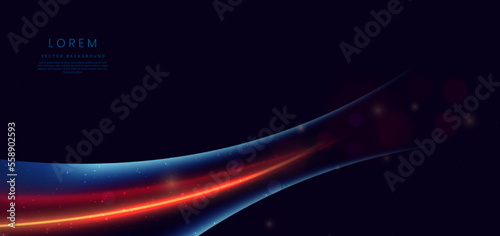 Abstract technology futuristic neon curved glowing red and blue light lines with speed motion blur effect on dark blue background.
