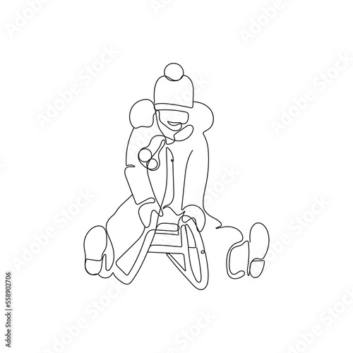Girl riding on a sledge. One line art. Winter sledding, seasonal outdoor activity. Hand drawn vector illustration.