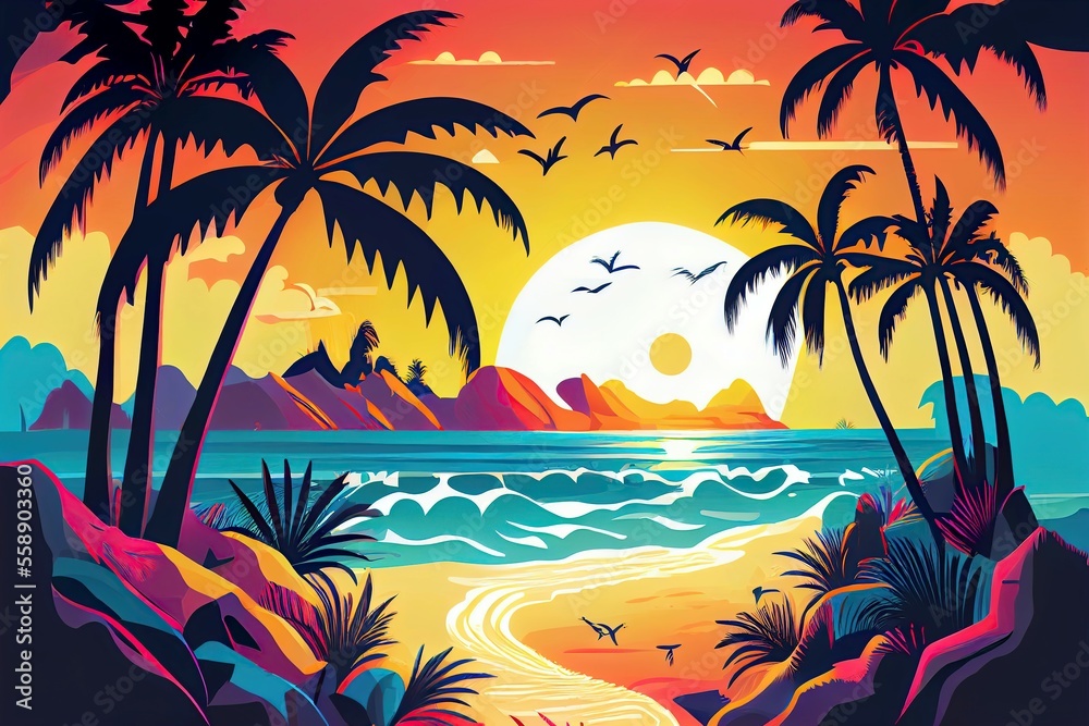 Colorful painting art of an abstract beach sunset landscape. Background illustration. generative AI.