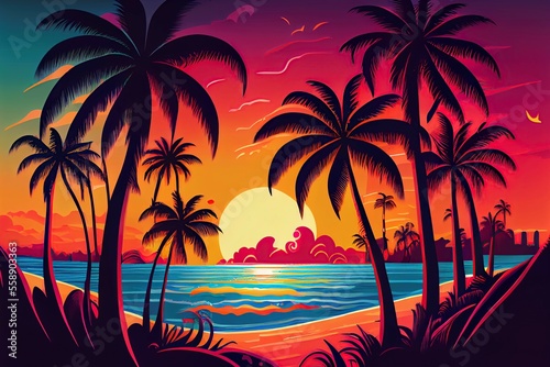 Colorful painting art of an abstract beach sunset landscape. Background illustration. generative AI. © Jorge Ferreiro