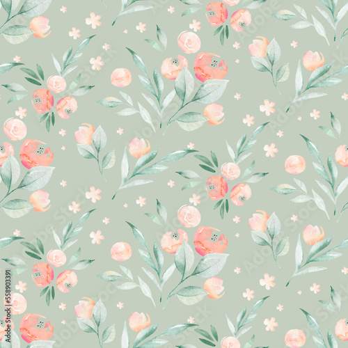 Watercolor floral botanical pattern and seamless background. Ideal for printing fabric and paper or scrapbooking. Hand painted. Raster illustration.