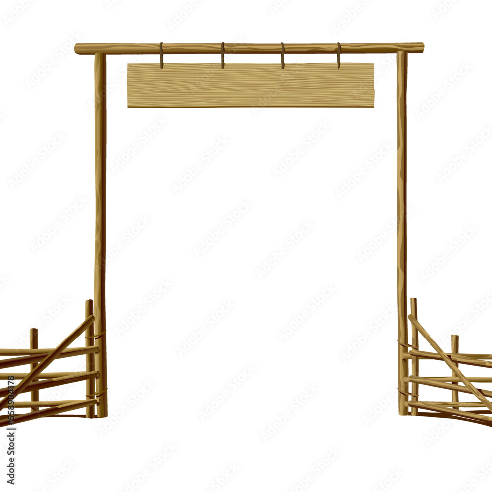 Old wooden farm gate with hanging signboard and fence isolated on white. Vector illustration