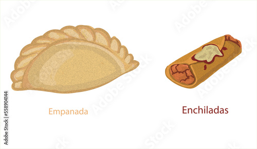 Empanada and Enchiladas Mexican foods vector. Best Mexican Dishes. Latin american food set illustration.
