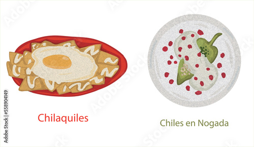 Chilaquiles and Chiles en nogada. Mexican foods vector. Best Mexican Dishes. Latin american food set illustration.