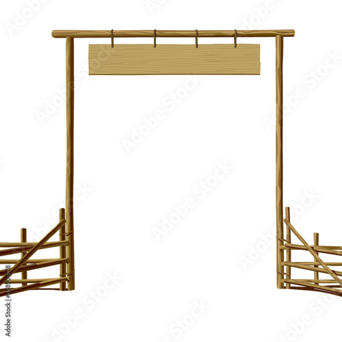Old wooden farm gate with hanging signboard and fence isolated on white. Vector illustration
