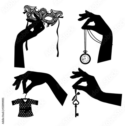 Set of black silhouettes of female hands with vintage accessories. Retro business icons. Vector illustration