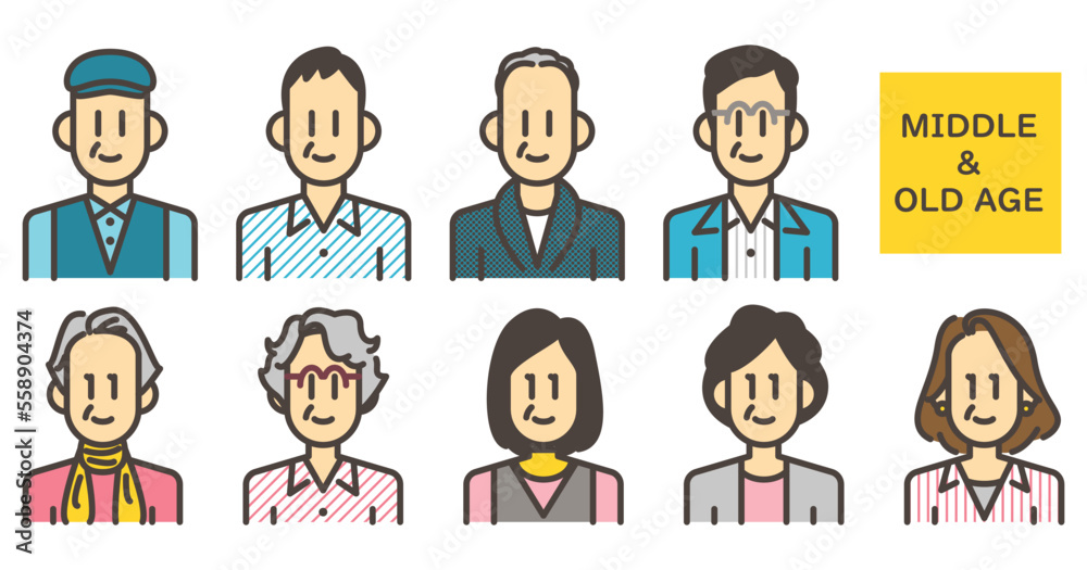 Japanese male and female middle-aged and elderly avatar icon set [Vector illustration Japanese male and female middle-aged and elderly avatar icon set [Vector illustration