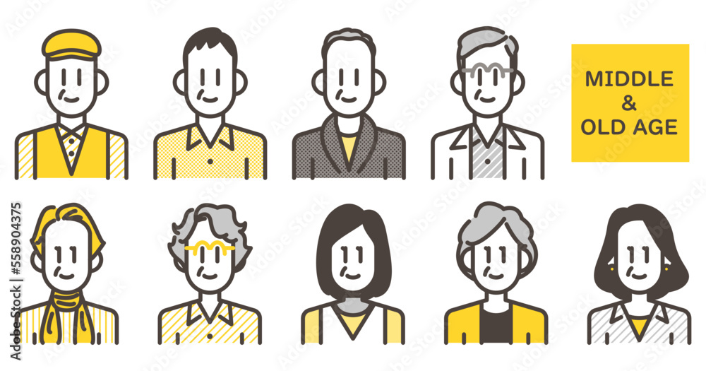 Male and female middle-aged and elderly avatar icon set [Vector illustration].
