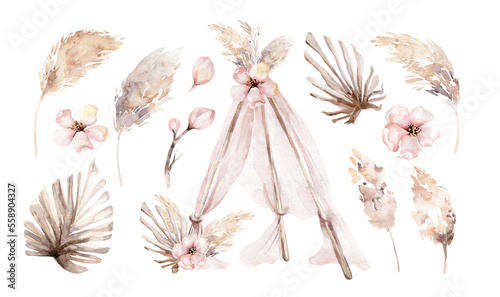 Watercolor set teepee orchid, protea flowers and dried foliage, leaves, bud vintage style. Boho decorative floral elements. Hand painting teep ee isolated palm summer leaf in vintage style photo