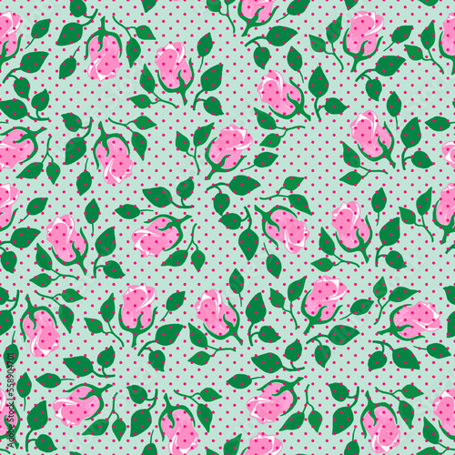 Seamless pattern with pink roses vector and leaves, background polka dots, all easy to change color. for Fabric print, wrapping paper, wallpaper