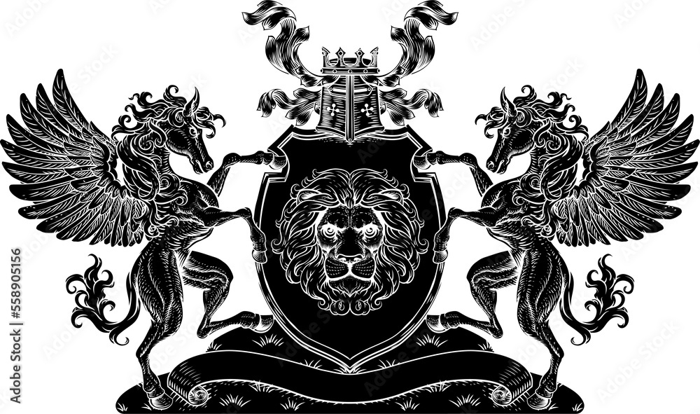 Fototapeta premium Crest Pegasus Horses Coat of Arms Lion Shield Seal