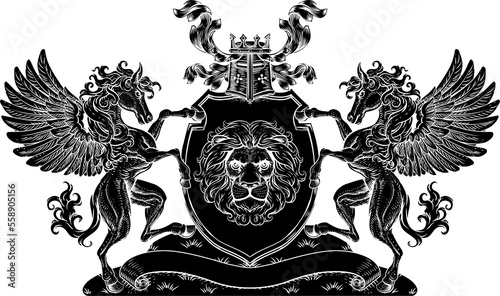Crest Pegasus Horses Coat of Arms Lion Shield Seal photo