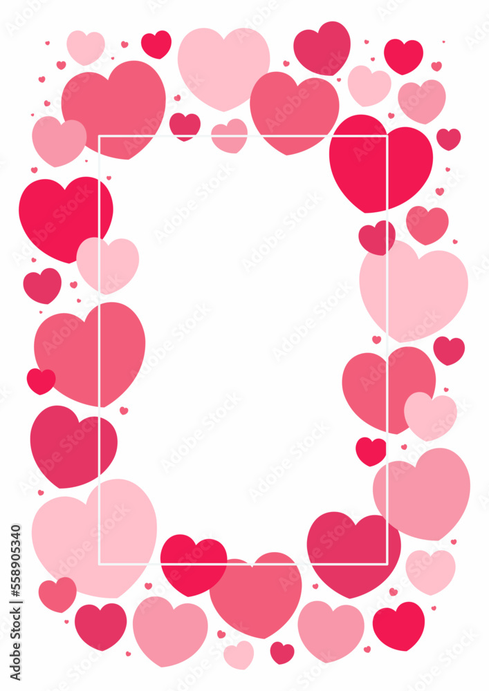 Red, pink hearts frame on white, with copy space. Flat style vector illustration. Abstract geometric design. Love, romance concept. Valentines day card, poster, banner, promotion, sale, advertising
