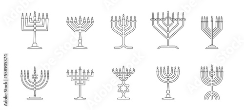 Set outline style Jewish big menorah candelabrum vector illustration
