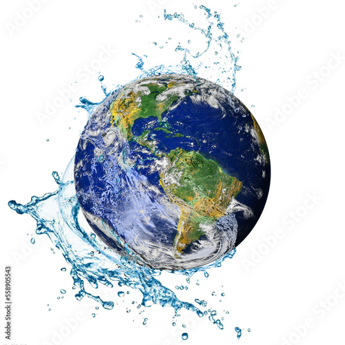 Water scarcity concept on earth isolated on white background. Water recycle on the world. Earth day or World Water Day concept. Elements of this image furnished by NASA.