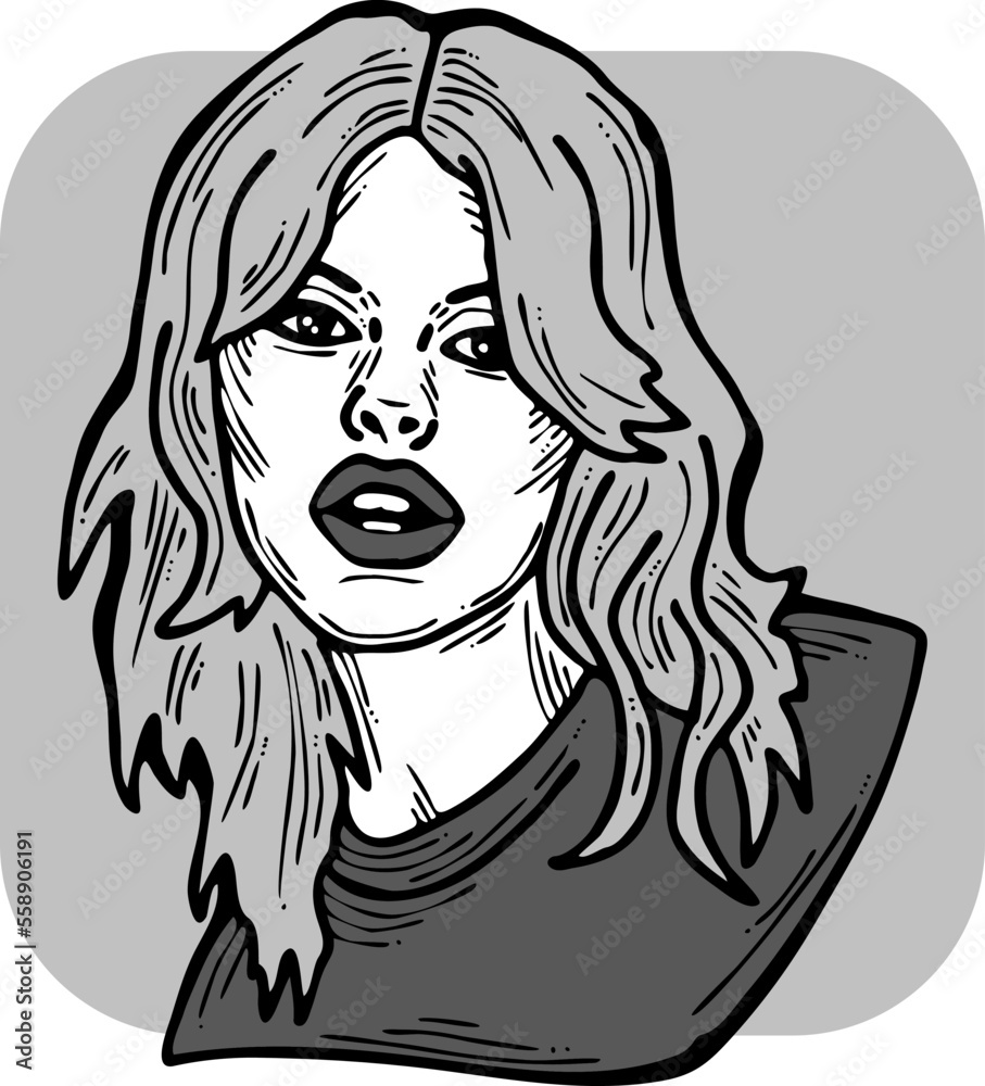 Beautiful young woman looking serious. Model girl for beauty salon, hairdressing, cosmetic shop. Girl with long blond hair and big eyes. Hand drawn illustration. Comic cartoon style vector drawing. Beautiful young woman looking serious. Model girl for beauty salon, hairdressing, cosmetic shop. Girl with long blond hair and big eyes. Hand drawn illustration. Comic cartoon style vector drawing.