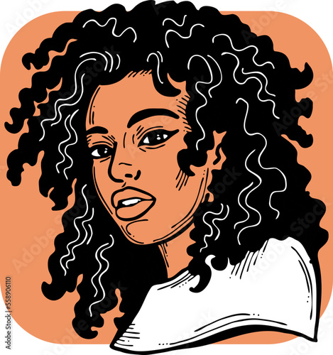 Beautiful young black woman smiling with white teeth. Model girl for beauty salon, hairdressing, cosmetic shop. Girl with long dark hair and big eyes. Hand drawn illustration. Cartoon vector drawing.
