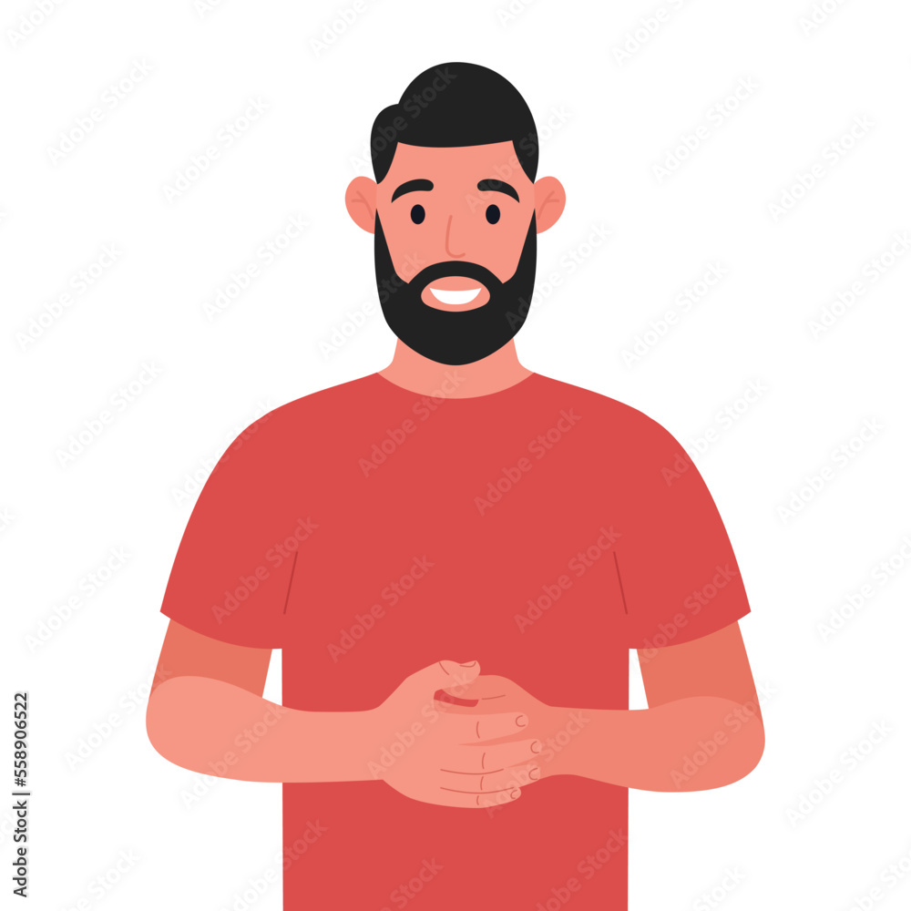 Bearded man standing with folded hands. Vector illustration.