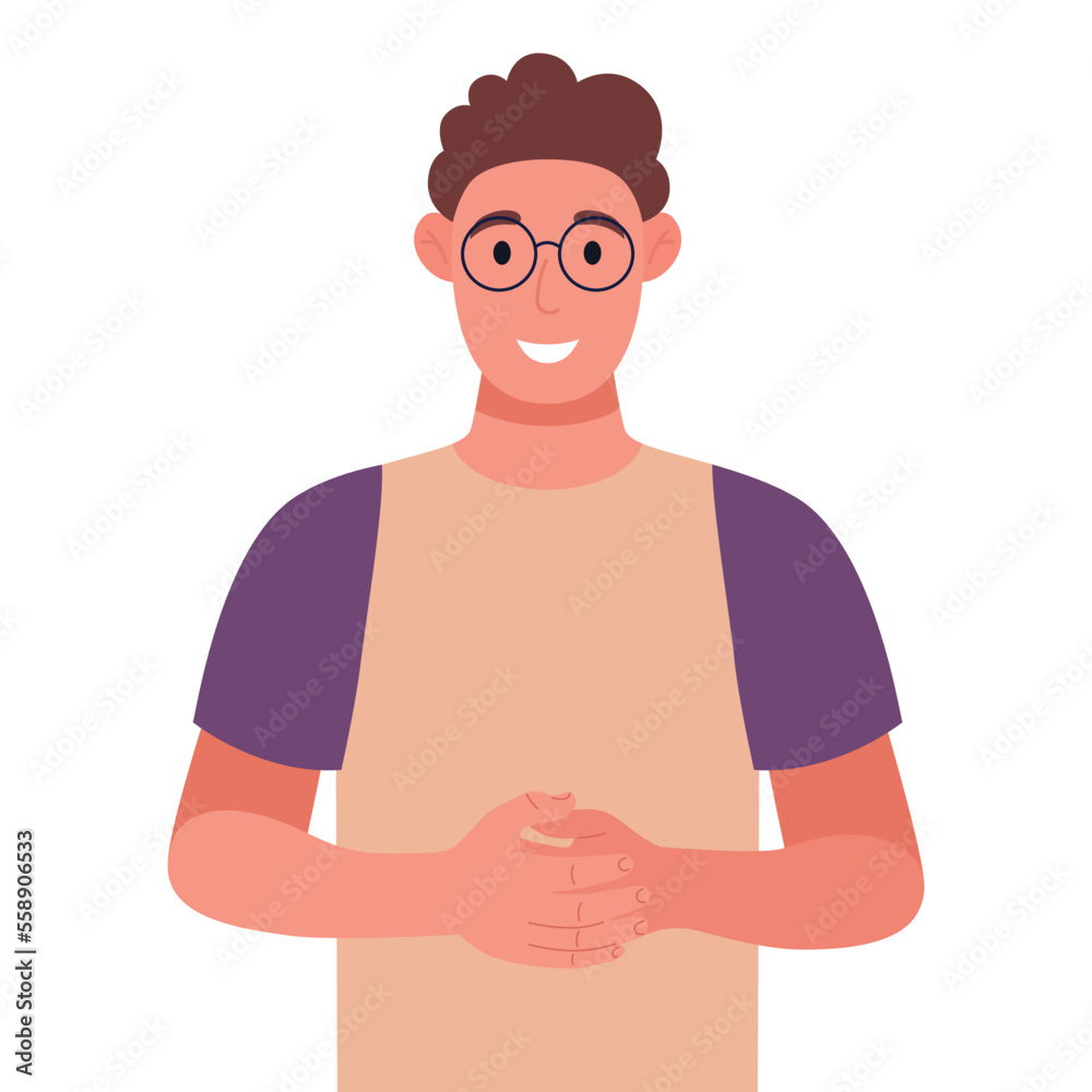 Curly young man in glasses standing with folded hands. Vector illustration.