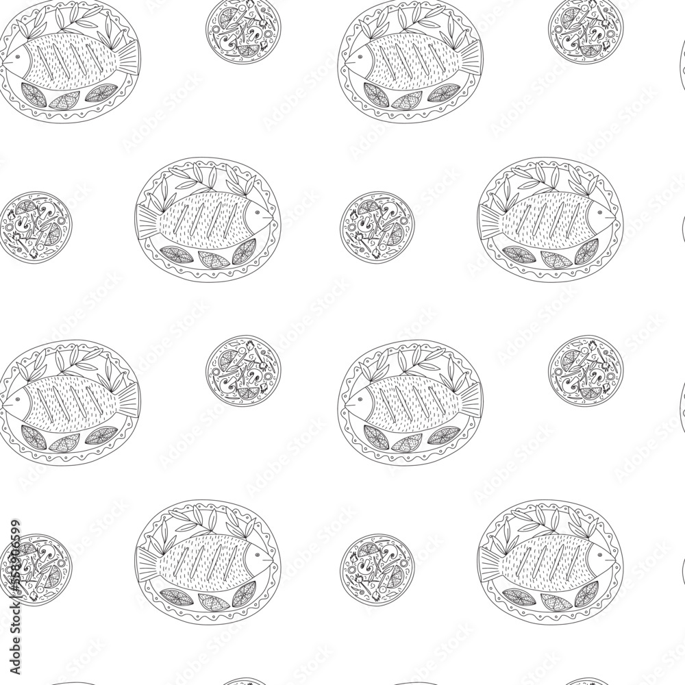 Vector Plah Plow fish sketch top view seamless pattern. Hand drawn national Thai dish on plate Vector Plah Plow fish sketch top view seamless pattern. Hand drawn national Thai dish on plate