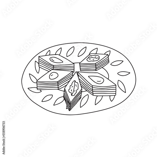 Vector Uzbek traditional dessert illustration. Hand drawn baklava sketch