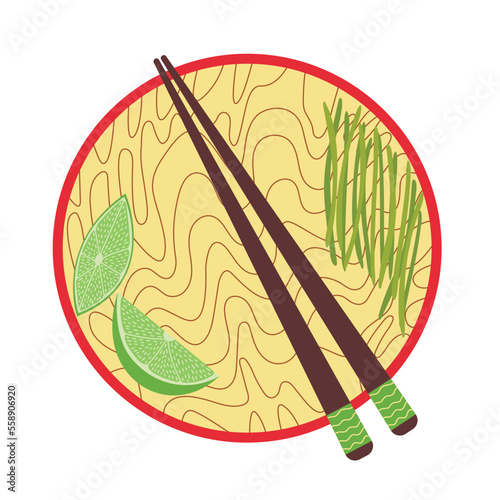 Vector pad Thai noodles flat illustration. Hand drawn pad thai top table view dish