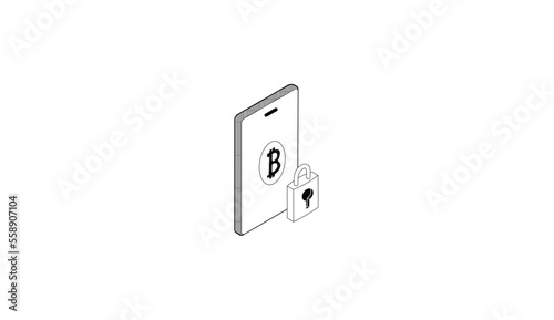 Vector isometric file in black and white color. Phone with a bitcoin coin on it and a lock. Bitcoin icon sign payment symbol. Cryptocurrency. 