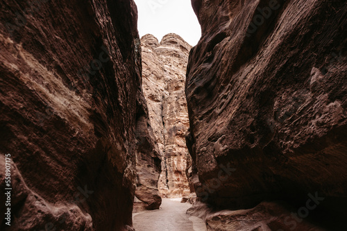 Gorge called the Siq at the archeological site Petra in Jordan