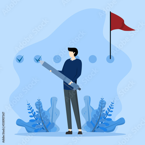 Project tracking concept, goal tracker, businessman project manager holding large pencil to check completed tasks in project management, task completion or checklist to remind project progress concept