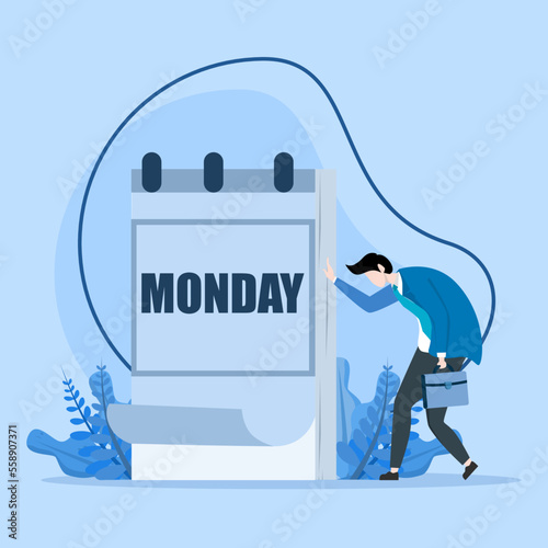 Monday sad, tired and scared of routine office work, tired and sleepy businessman going to work with calendar showing Monday, depressed or sad, sleepy and frustrated worker on Monday morning.