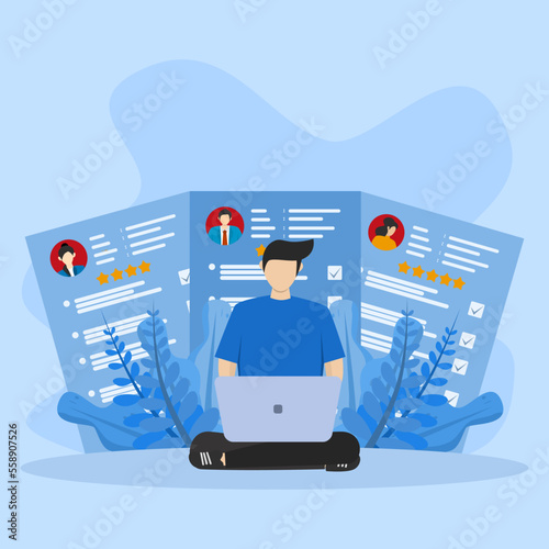 Resume reviewing of candidate by human resources hiring manager, smart businessman hiring manager with laptop doing resume review. job or looking for new talent and staff concept.