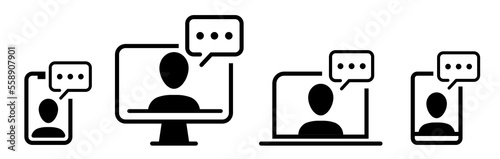 Online training in laptop, computer monitor, tablet, smartphone collection. Business training. Online course, training, webinar. Remote education or distance learning. Vector illustration
