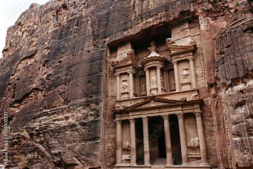 The Treasury tomb carved in stone, at the famous archaeological site Petra in Jordan.