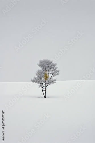 Lone tree in snow. Loneliness concept. Minimalist scene. Generative ai.