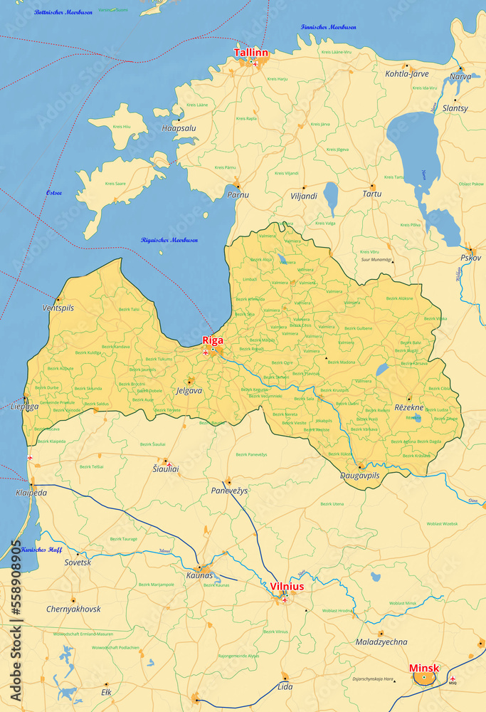 Lettland Karte mit Städten Straßen Flüssen Seen