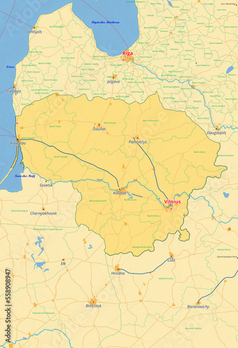 Litauen Karte mit St  dten Stra  en Fl  ssen Seen
