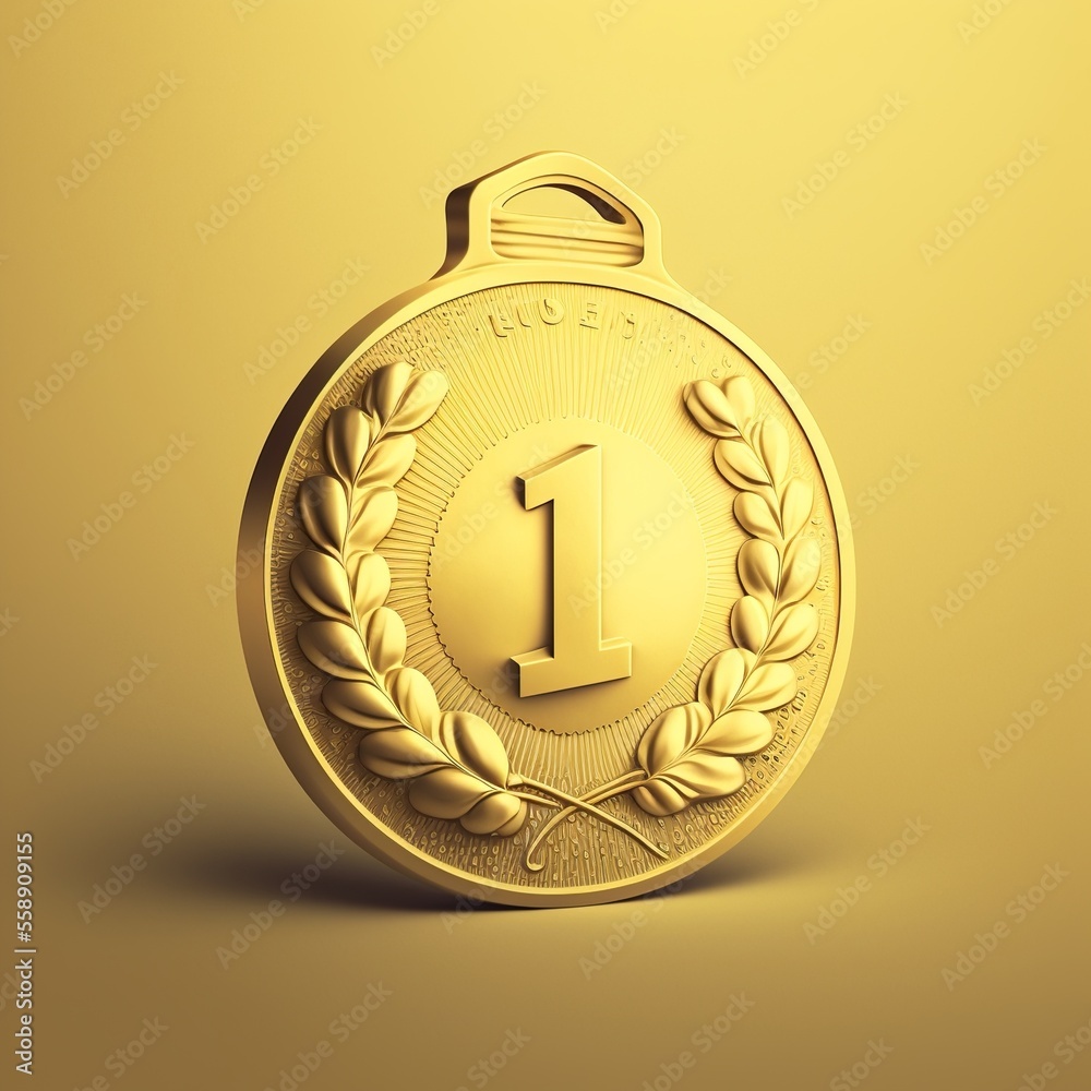 Gold medal with number 1, illustration, yellow background. AI Stock ...