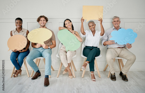 Business people, queue and interview with speech bubble, mockup vote and opinion space in office for job. Group diversity, recruitment and opinion for social media, chat or digital marketing company