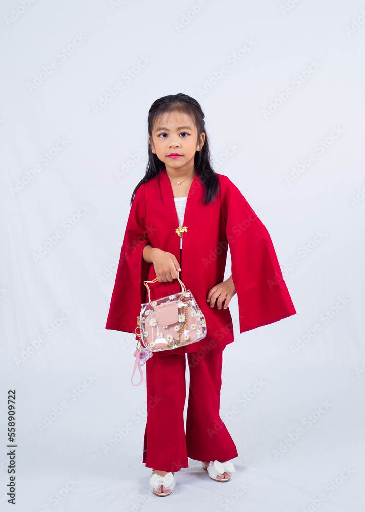 5 years old little asian girl in red dress, holding fashion handbag and posing in studio isolated on white background. 