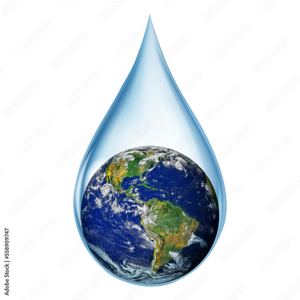 Earth in water drop. Lack of water concept on earth isolated on white background. World in a water drop. Earth day or World Water Day concept. Elements of this image furnished by NASA. Earth in water drop. Lack of water concept on earth isolated on white background. World in a water drop. Earth day or World Water Day concept. Elements of this image furnished by NASA.