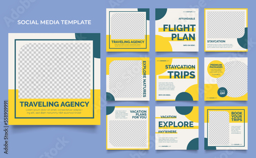 social media template banner travel and vacation service promotion. fully editable instagram and facebook square post frame puzzle organic sale poster