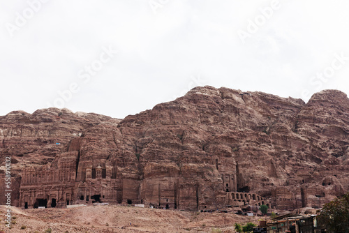 Stone tombs carved into the mountain in the ancient city of Petra in Jordan