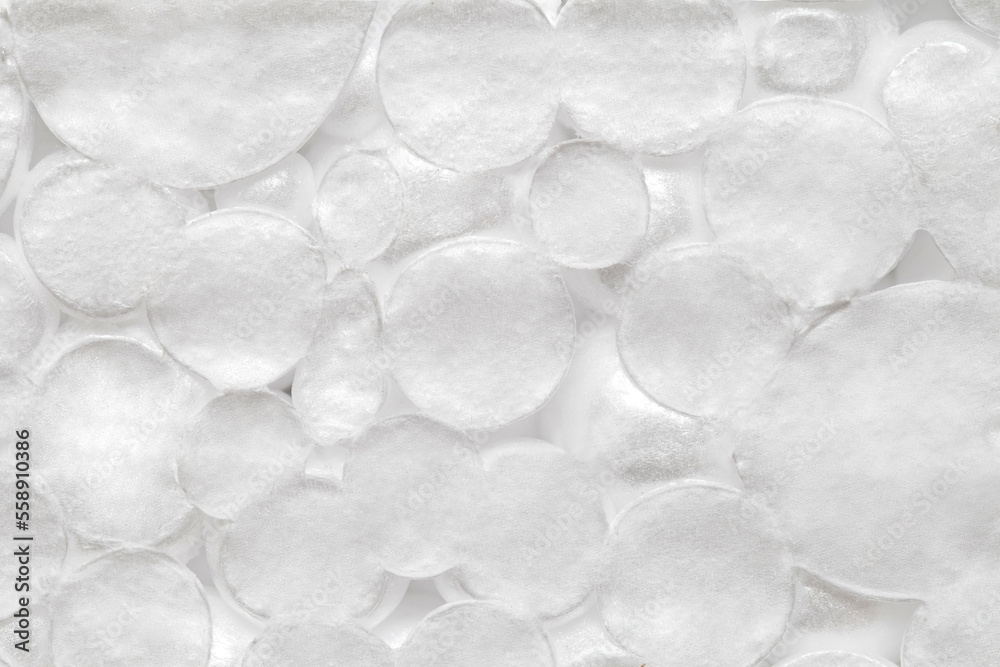 Expanded polystyrene foam porous material white cells circle, close-up macro representing foamed, top view