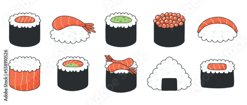 Sushi set in kawaii style. Cute Japanese sushi. vector illustration. cartoon style. Sushi restaurant logo.