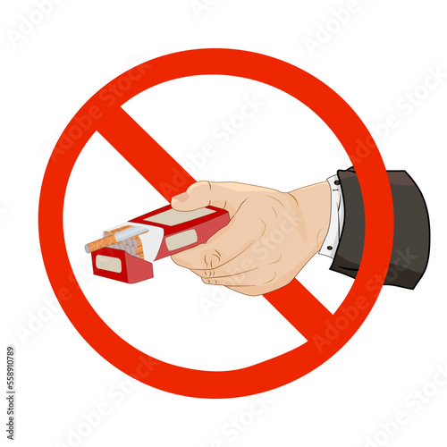 Hand with box of cigarette in red ban sign isolated on white background.No smoking sign. No smoking or anti tobacco concept. Quit bad habit.Not offer smoking! Stop smoke icon.Stock vector illustration