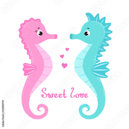 Cute cartoon seahorse couple. Male and female seahorses with hearts and lettering: Sweet love. Funny pair of sea animal characters isolated on white background.  St. Valentine's Day greeting card.