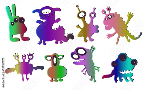 Doodling monsters or aliens abstract set cartoon style. Bright colorful trendy vector characters isolated on a white background. For children and adults. You can apply it anywhere.